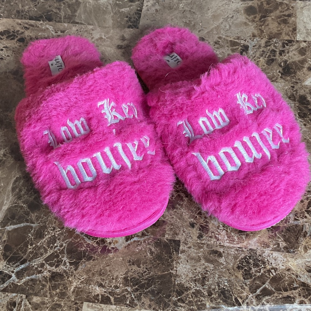 LA/TC Low Key Boujee Pink Fuzzy Slippers with Embroidered Text